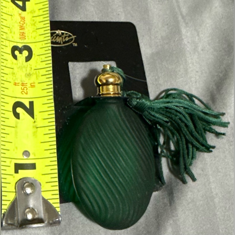 Vintage Green Glass Perfume Bottle | Tassel Atomizer | Decorative Vanity - Picture 3 of 3